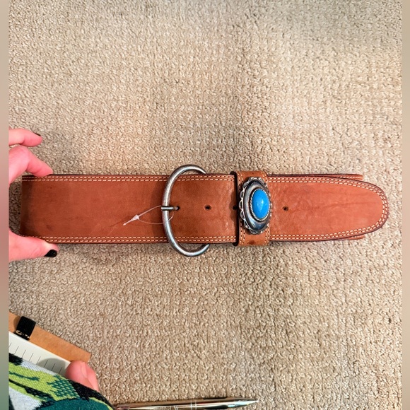 Vintage Accessories - Vintage Genuine Brown Leather Belt with Blue Stone Accent made in Italy 🇮🇹